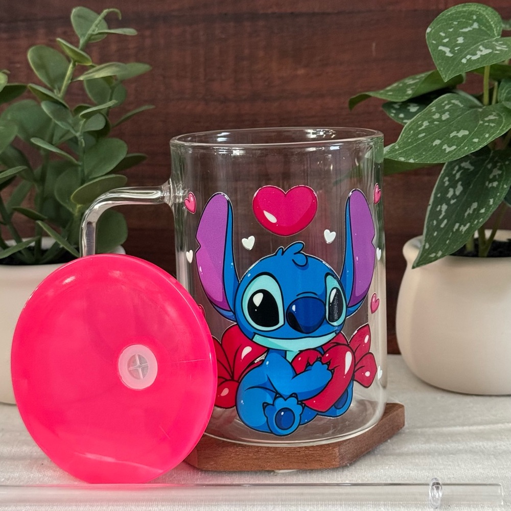 Stitch Valentines Day Glass Mug with Pink Lid & Straw